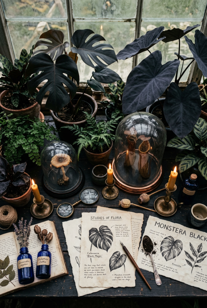 Dramatic overhead view of a gothic greenhouse staging table, dense arrangement of tropical dark-leaf plants, black monstera, velvet-leafed colocasia, antique glass cloches over botanical specimens, scattered botanical sketches on aged paper, inky blue glass bottles with dried specimens, candlelight catching copper edges, deep green and charcoal palette, dark moody flat lay, magazine editorial style